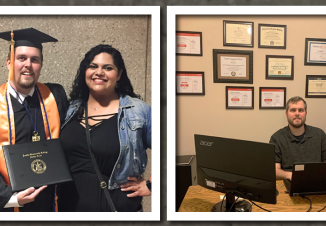 Photo: (left) Skylar smiles on graduation day in his cap and gown. His fiance smiling fiance stands next to him. (right) Skyer is at work. He smiles at his desk. Above him hang ten framed certifications.