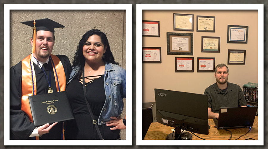 Photo: (left) Skylar smiles on graduation day in his cap and gown. His fiance smiling fiance stands next to him. (right) Skyer is at work. He smiles at his desk. Above him hang ten framed certifications.