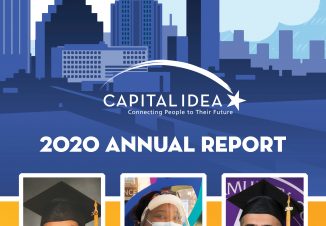 Cover image of 2020 Annual Report with city skyline and pictures of three graduates.