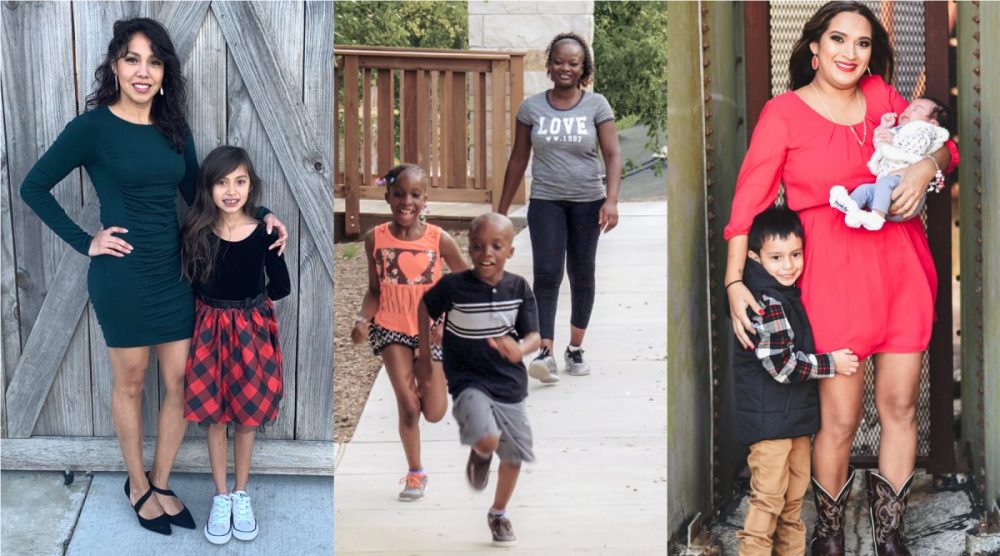 Three mothers, all Capital IDEA students, smile with their young children ages zero to nine.