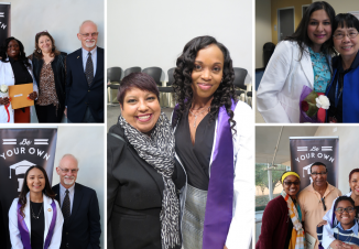 Photo collage: Career Navigators pose with proud graduates and their families at pinning ceremonies.