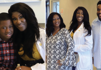 Proud nurse graduate Stephanie poses with her son, mother, and family member at her pinning ceremony.