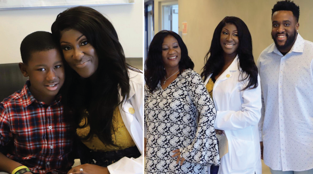 Proud nurse graduate Stephanie poses with her son, mother, and family member at her pinning ceremony.