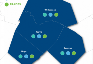 Map of expanded career choices shows four counties: Williamson, Travis, Hays, and Bastrop. Residents from all counties can choose from three career field options: healthcare, tech, or trades.