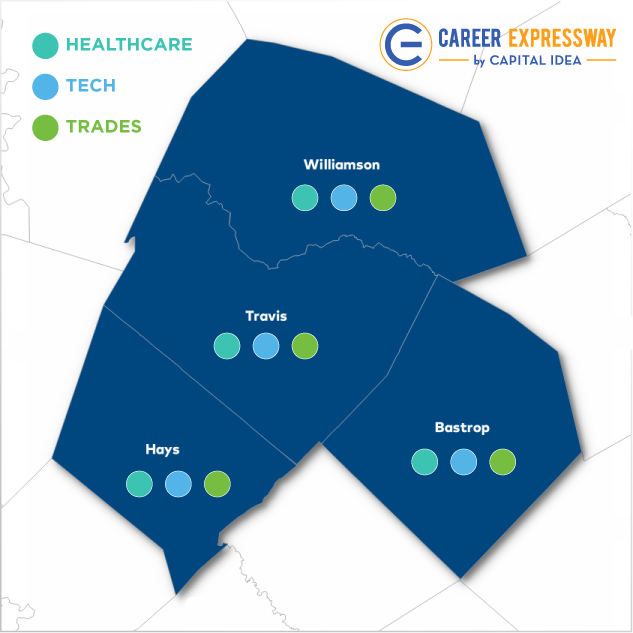 Map of expanded career choices shows four counties: Williamson, Travis, Hays, and Bastrop. Residents from all counties can choose from three career field options: healthcare, tech, or trades.