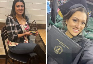 Gabrielle smiles brightly, holding up her diploma and her spirit award.