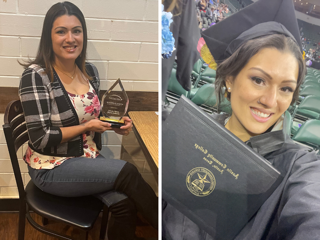 Gabrielle smiles brightly, holding up her diploma and her spirit award.