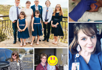 Rebecca smiles in a collage of pictures with her family and in her scrubs. She is a dedicated mother, wife, and nurse.