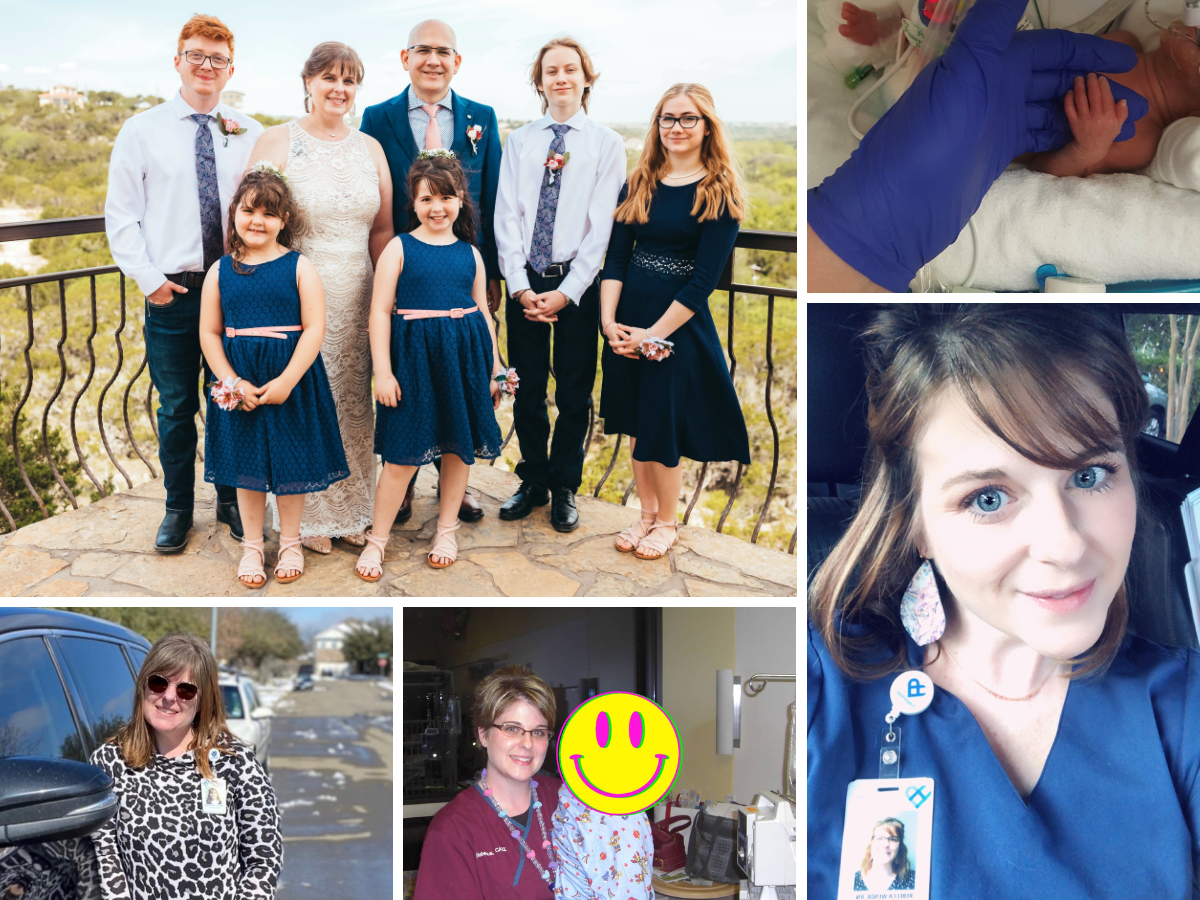 Rebecca smiles in a collage of pictures with her family and in her scrubs. She is a dedicated mother, wife, and nurse.