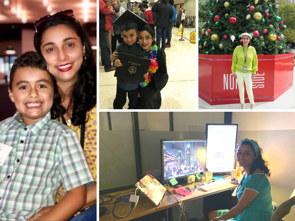 Yasmin smiles in a collage of pictures. She's in her graduation cap, squeezing her son, and so proud to have her new job.